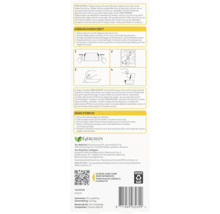 Achterzijde verpakking Home Defense vliegenvangers met geïllustreerde instructies in vier stappen, Evergreen Garden Care Logo, QR-code en barcode.