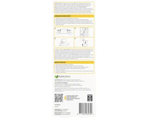 Achterzijde verpakking Home Defense vliegenvangers met geïllustreerde instructies in vier stappen, Evergreen Garden Care Logo, QR-code en barcode.