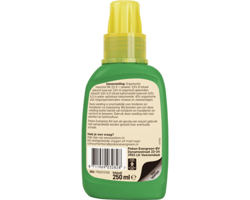 Achterzijde van een groene plastic fles Pokon vloeibare meststof, 250 milliliter, met samenstelling en gebruiksinstructies op het etiket.