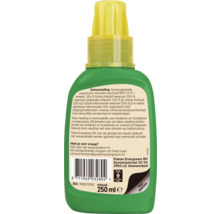 Achterkant groene fles Pokon vloeibare plantenvoeding, 250 milliliter, NPK 3-2-5 met zeewier, veiligheidsinformatie en barcode.