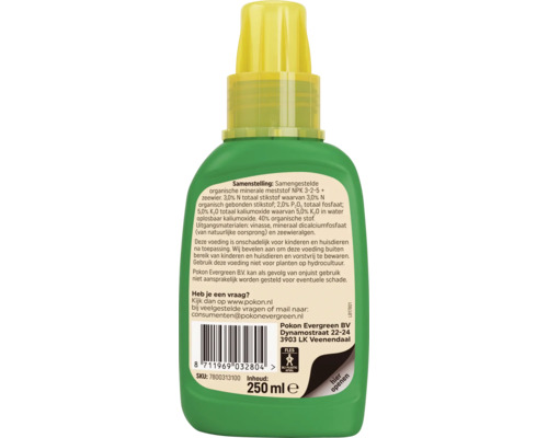Achterkant groene fles Pokon vloeibare plantenvoeding, 250 milliliter, NPK 3-2-5 met zeewier, veiligheidsinformatie en barcode.