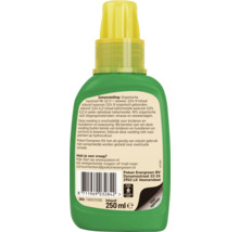 Achterzijde van een fles organische meststof met zeewier, 250 milliliter, met informatie over de samenstelling en barcode op het etiket.