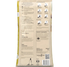 Achterzijde van een 10 liter zak Pokon turfvrije potgrond met Pokon Logo, gebruiksaanwijzing, verzorgingstips en RHP-keurmerk.