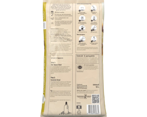 Achterzijde van een 10 liter zak Pokon turfvrije potgrond met Pokon Logo, gebruiksaanwijzing, verzorgingstips en RHP-keurmerk.