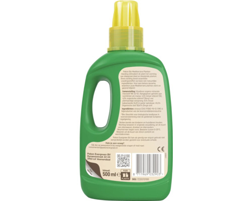 Achteraanzicht van de 500 milliliter fles Pokon Bio Mediterrane Planten voeding met gebruiksaanwijzing en samenstelling op het etiket.