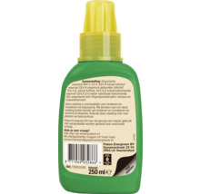 Achterkant van een fles Pokon biologische meststof met samenstelling, gebruiksaanwijzing, barcode en een inhoud van 250 milliliter.