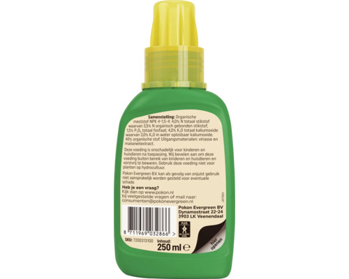 Achterkant van een fles Pokon biologische meststof met samenstelling, gebruiksaanwijzing, barcode en een inhoud van 250 milliliter.