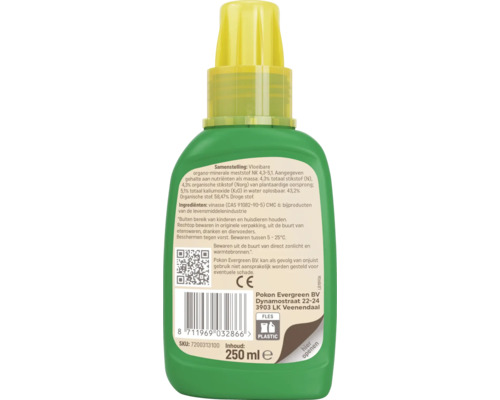 Achteraanzicht van een groene plastic fles Pokon vloeibare meststof 250 milliliter met etiket voor ingrediënten, barcode en Europese conformiteit.