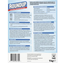 Achterzijde van een Roundup Gazon Onkruidvrij verpakking met Roundup Logo, gebruiksinstructies, voorzorgsmaatregelen en symbool voor afvalverwerking.