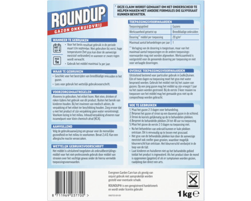 Achterzijde van een Roundup Gazon Onkruidvrij verpakking met Roundup Logo, gebruiksinstructies, voorzorgsmaatregelen en symbool voor afvalverwerking.