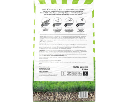 Achterzijde van de Pokon Gazon Revolutie verpakking met instructies voor maaien, verticuteren, zaaien en sproeien en iconen voor 150 vierkante meter bereik.