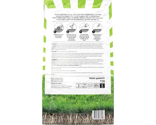 Achterkant van de Pokon Gazon Revolutie 4 kilogram verpakking met gebruiksaanwijzing in vier stappen, dosering voor 80 vierkante meter en symbolen.