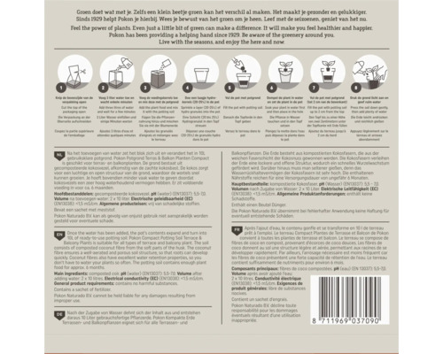 Gebruiksaanwijzing voor compacte potgrond in acht stappen met illustraties over voorbereiding, planten en water geven.