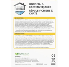 Achterkant verpakking van de Home Defense Prevent honden- en kattenverjager met productinformatie, Evergreen Garden Care Logo en CE-markering.