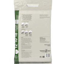 Pokon meststof 12-10-18 achterzijde met gebruiksinstructies, dosering en samenstelling voor gazon, border en moestuin.