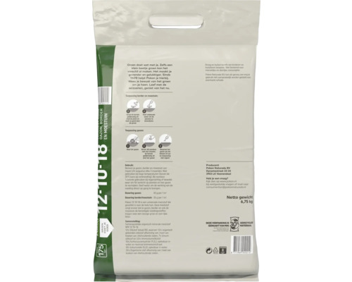 Pokon meststof 12-10-18 achterzijde met gebruiksinstructies, dosering en samenstelling voor gazon, border en moestuin.