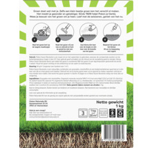 Achterzijde gazonzaadverpakking met vierstaps instructies, ingrediënten, bereik van 20 vierkante meter en veiligheidskeurmerken.