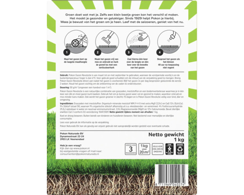 Achterzijde gazonzaadverpakking met vierstaps instructies, ingrediënten, bereik van 20 vierkante meter en veiligheidskeurmerken.