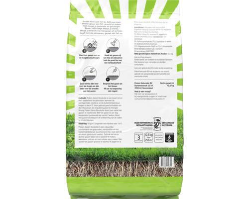 Achterzijde Pokon Gazon Revolutie graszaad en meststof met instructies, 12,5 kilogram voor 250 vierkante meter, veilig voor kind en dier.