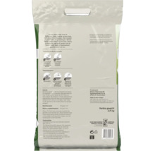 Achterzijde van een Pokon organische minerale meststof zak, drie komma vijfenzeventig kilogram, voor gazon en border met gebruiksinstructies.