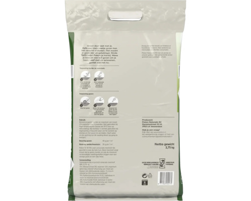 Achterzijde van een Pokon organische minerale meststof zak, drie komma vijfenzeventig kilogram, voor gazon en border met gebruiksinstructies.