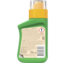 Achterzijde Pokon fles met etiket, veiligheidsinstructies, waarschuwingssymbool voor irritatie, afvalsymbool, barcode en 225 milliliter inhoud.