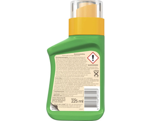 Achterzijde Pokon fles met etiket, veiligheidsinstructies, waarschuwingssymbool voor irritatie, afvalsymbool, barcode en 225 milliliter inhoud.