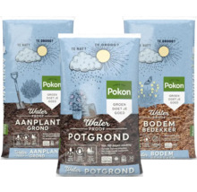 Drie zakken Pokon tuinaarde: aanplantgrond, potgrond en bodembedekker voor optimale waterhuishouding.