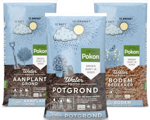 Drie zakken Pokon tuinaarde: aanplantgrond, potgrond en bodembedekker voor optimale waterhuishouding.