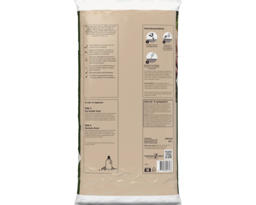 Achterzijde van de verpakking van Pokon cacaodoppen 40 liter met gebruiksaanwijzing, voordelen en recyclinginformatie.