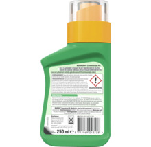 Achterkant van een fles Roundup Concentraat PA onkruidverdelger concentraat, 250 milliliter, met veiligheidswaarschuwingen en gebruiksaanwijzing.