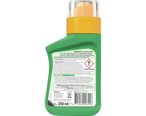 Achterkant van een fles Roundup Concentraat PA onkruidverdelger concentraat, 250 milliliter, met veiligheidswaarschuwingen en gebruiksaanwijzing.
