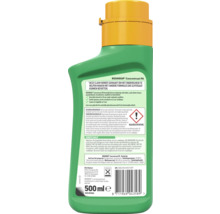 Achterzijde van een fles Roundup Concentraat PA onkruidverdelger van 500 milliliter, etiket met veiligheidsinstructies en barcode.