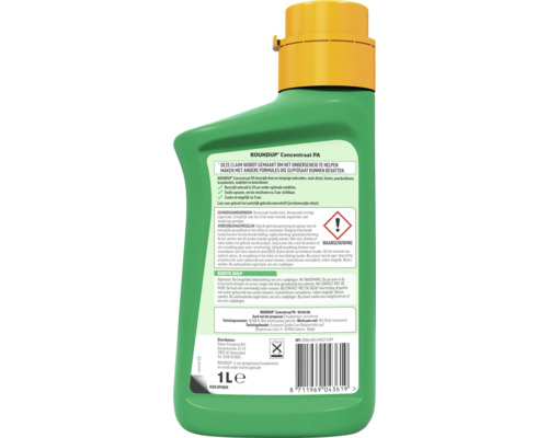 Achterzijde van een fles Roundup Concentraat PA onkruidverdelger met gebruiksaanwijzing en waarschuwingssymbool voor gezondheidsrisico's.