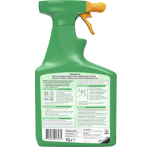 Achterkant van de groene Roundup AC onkruidverdelger spuitfles met gedetailleerde gebruiksaanwijzing voor 1 liter inhoud.