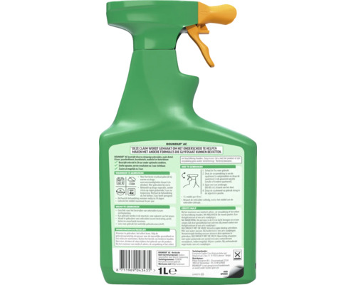 Achterkant van de groene Roundup AC onkruidverdelger spuitfles met gedetailleerde gebruiksaanwijzing voor 1 liter inhoud.