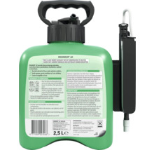 Roundup AC onkruidbestrijder in een 2,5 liter can met handvat, sproeier en instructies voor gebruik op het etiket.