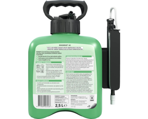 Roundup AC onkruidbestrijder in een 2,5 liter can met handvat, sproeier en instructies voor gebruik op het etiket.