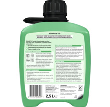 Roundup AC onkruidverdelger, 2,5 liter kunststof fles, achteretiket met gebruiksaanwijzing, voorzorgsmaatregelen en eerste hulp informatie.
