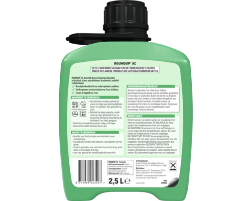 Roundup AC onkruidverdelger, 2,5 liter kunststof fles, achteretiket met gebruiksaanwijzing, voorzorgsmaatregelen en eerste hulp informatie.