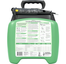 Achteraanzicht van een 5 liter jerrycan Roundup AC onkruidverdelger met zwart handvat. Het etiket bevat gebruiksinstructies en dosering.