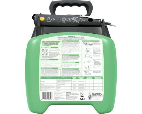 Achteraanzicht van een 5 liter jerrycan Roundup AC onkruidverdelger met zwart handvat. Het etiket bevat gebruiksinstructies en dosering.