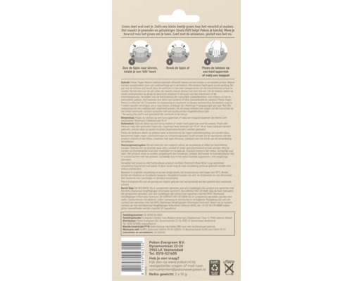 Achterkant van de Pokon mierenlokdoos verpakking met instructies in drie stappen, gebruiksinformatie, veiligheidsmaatregelen en recyclingsymbolen.