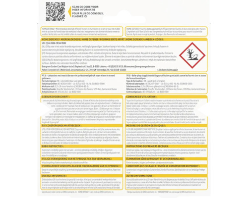 Productachterzijde van de Home Defense mierenlokdoos verpakking met gebruiksinstructies, QR-code en symbool voor milieugevaren.