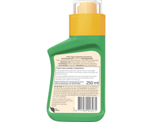 Pokon Tegen Schimmels Concentraat, 250 milliliter, groene fles met gele dop, achterzijde met productinformatie.