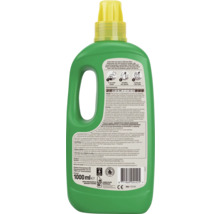 Achteraanzicht van een 1000 milliliter fles Pokon Terras en Balkon Planten Voeding met etiket voor gebruiksaanwijzing, dosering en samenstelling.