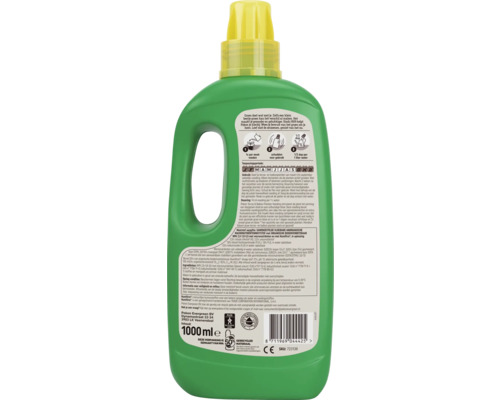 Achteraanzicht van een 1000 milliliter fles Pokon Terras en Balkon Planten Voeding met etiket voor gebruiksaanwijzing, dosering en samenstelling.
