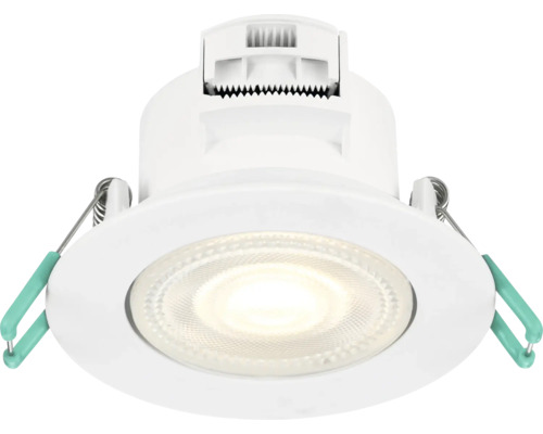 Ronde witte led-inbouwspot met montageklemmen voor plafondinbouw.