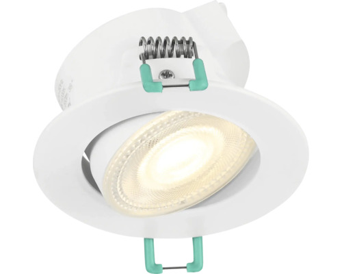 Kantelbare LED inbouwspot in het wit met veerklemmen voor plafondmontage.