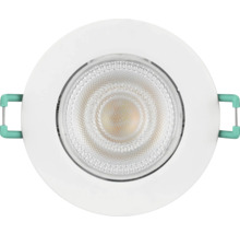 Ronde LED inbouwspot met witte buitenring en bevestigingsklemmen.